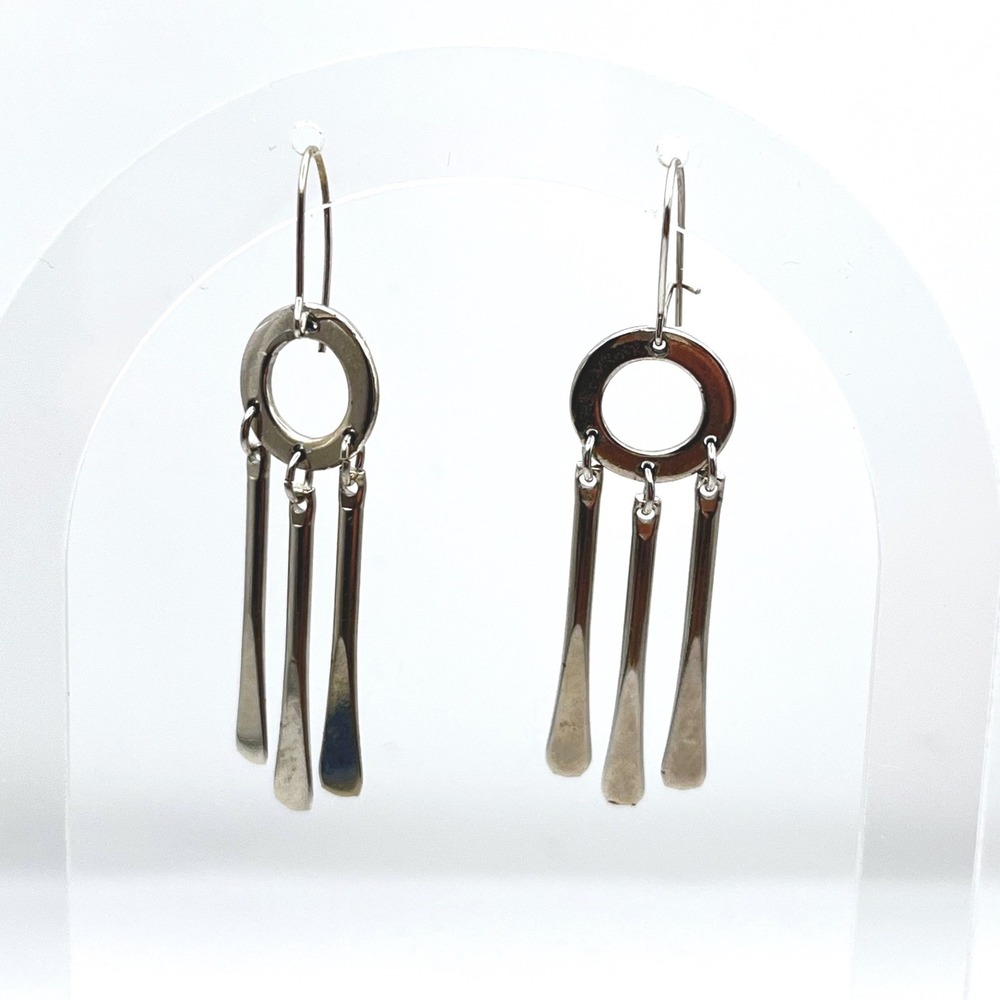 Vintage Silver Tone Geometric Hoop and Triple Bar Dangle‎ Drop Earrings